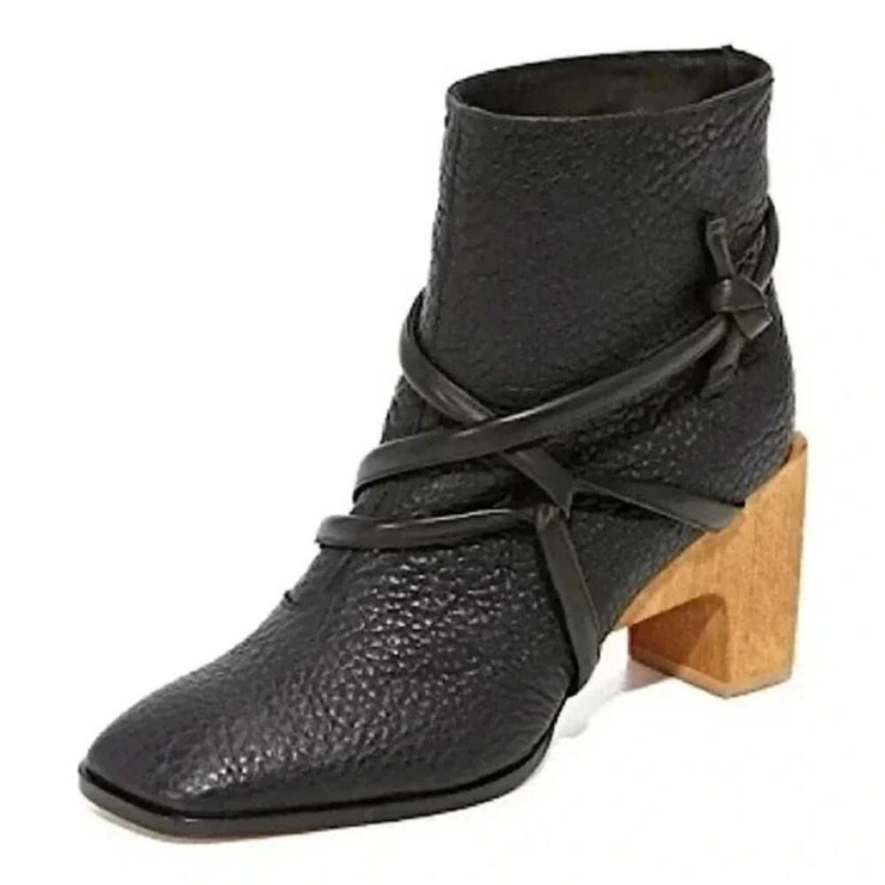 Zero + Maria Cornejo Dea Black Leather Harness Ankle Boots Wooden Clog, Size 39